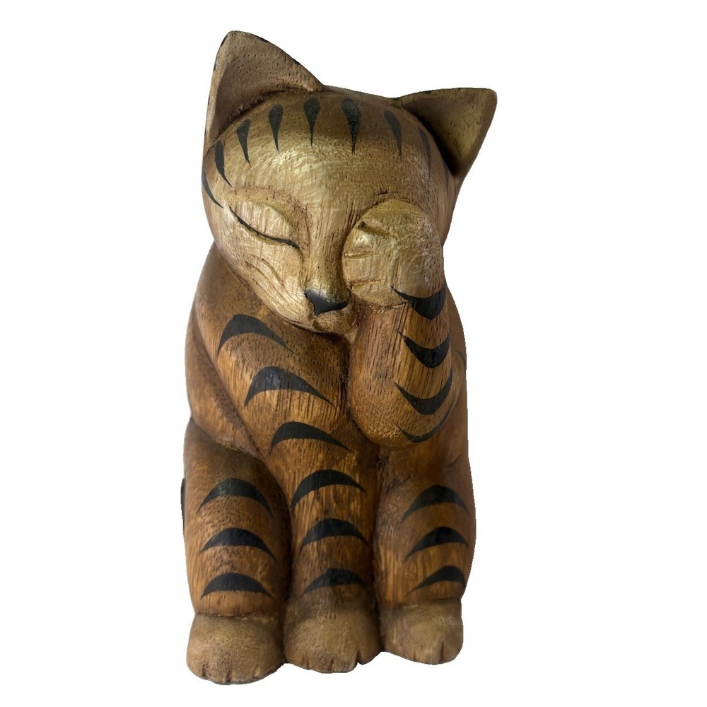 Vintage Hand Carved Solid Wood Shy Cat Figurine 7" Striped Folk Art Statue